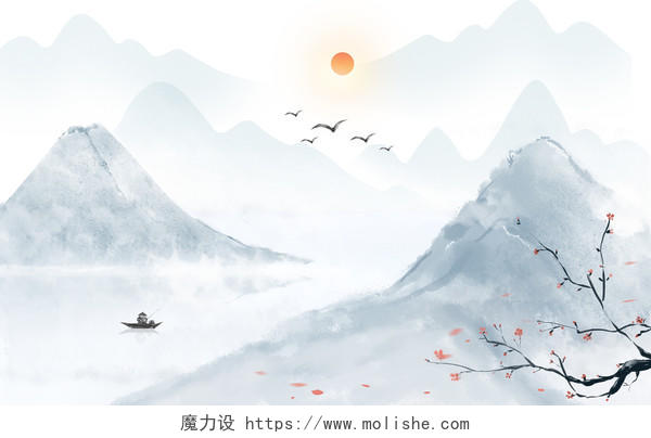 中国风古风水墨山水风景原创插画背景